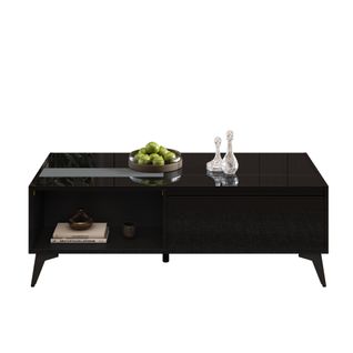 Table Basse 110x50x37 Cm, Plateau Noir Relevable, 1 Porte, 2 Niches, Panneau De Particules, Noir
