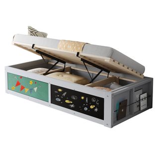 Lit Coffre 90x200 Cm, Rangements Cachés, Étagère Latérale Modulable, Bois, Mdf, Gris