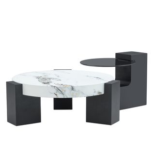 Lot De 2 Tables Basse Ronde 61x30 Et 44x44 Cm, Motif Marbre Mdf, Pied L, Verre Et Mdf, Blanc Et Noir