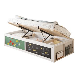 Lit Coffre 90x200 Cm, Rangements Cachés, Ardoise Et Feutre, Étagère Latérale, Bois, Mdf, Blanc