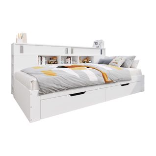 Lit Enfant 140x190 Cm, 2 Tiroirs Et Placard Coulissant, Étagères Réglables, Mdf, Blanc