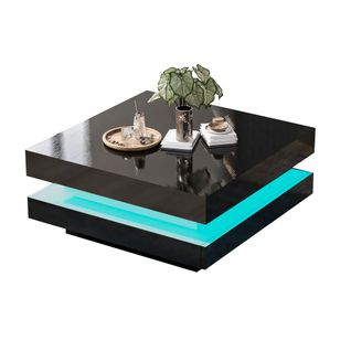 Table Basse Carrée 70x70x36 Cm, Plateau Tournant 360 Degrés, LED, Panneau De Particules, Noir
