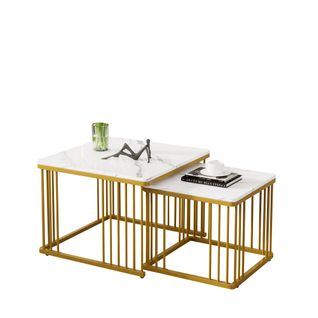 Lot De 2 Tables Basses Gigognes 60x60x45+45x45x40cm, Plateau Effet Marbre Brillant, Mdf, Blanc+doré