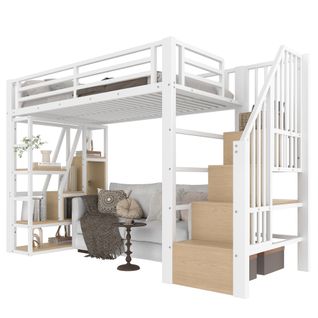 Lit Mezzanine 90x200cm, Escalier Avec Rangement, Étagères, LED Multicolore, Métal Et Mdf, Blanc+bois