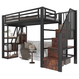 Lit Mezzanine 90x200 Cm, Escalier Avec Rangement, Étagères, Bandeau LED, Métal Et Mdf, Noir+brun