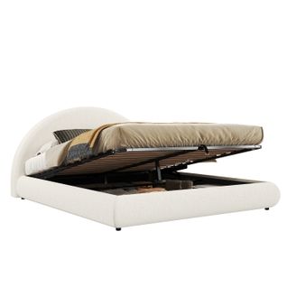 Lit Coffre 180x200 Cm, Mécanisme Hydraulique Silencieux, Tête De Lit 106 Cm, Bouclé Beige