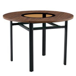 Table Basse Ronde 100x100x76cm, Plateau Mdf 2,5 Cm, Verre, Brun, Piètement Métal Noir