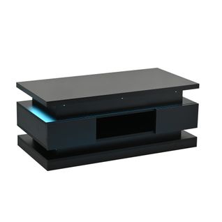 Table Basse Relevable 100x50x40 Cm, 2 Tiroirs, Rangement Caché, LED, Panneaux De Particules, Noir