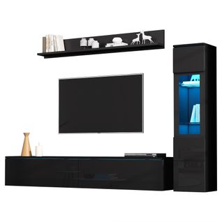 Ensemble Mural TV 3 Pièce 180x33x30 Cm, Éclairage LED Rgb, Panneau De Particules, Verre Trempé, Noir