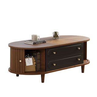 Table Basse 100x50x36 Cm, 2 Tiroirs, 2 Portes Coulissantes, Panneau De Particules, Brun+noir