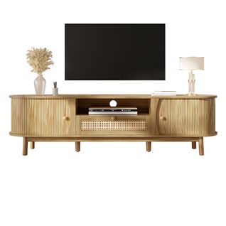 Meuble TV 165x37x46 Cm, Portes Coulissantes Et Tiroirs En Rotin, Mdf, Couleur Bois