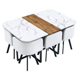 Ensemble Table Extensible 150x100x79 Cm, 6 Chaises, Mdf Et Métal, Pu, Couleur Bois+noir+blanc