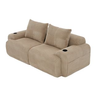 Canapé Modulable 2 Places 200x99x80 Cm, Porte-boissons Et Poche Latérale, Velours Côtelé, Kaki