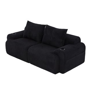 Canapé 2 Places 200x99x80cm, Modulable Avec Porte Gobelet Et Rangement Latéral, Velours Côtelé, Noir