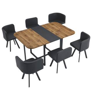 Ensemble Table à Manger 150x100x79 Cm, Extensible, 6 Chaises , Mdf Et Métal, Bois Naturel Et Noir