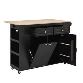 Îlot De Cuisine 120x40-70x91,5 Cm, Plateau Extensible Avec Prises Et Roulettes, Mdf, Noir+bois