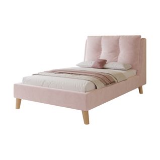 Lit Enfant 90x200 Cm, Tête De Lit Avec Coussin 17 Cm Réglable, Rangement Sous Le Lit, Velours, Rose