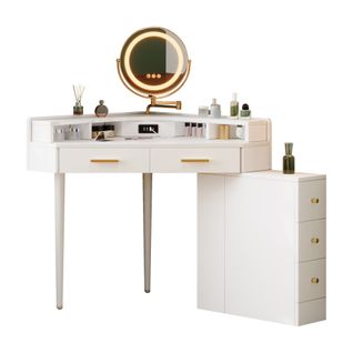 Coiffeuse D'angle 75x75x120 Cm, Miroir LED Réglable, 5 Tiroirs, Panneau De Particules, Blanc+doré