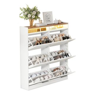 Meuble à Chaussures 120x24x130 Cm, 6 Portes, LED, Mdf, Blanc Et Naturel, Compact