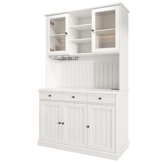 Buffet De Cuisine 120x40x191 Cm, Portes Vitrées, 3 Tiroirs, Porte-verres, Prises USB, Mdf, Blanc