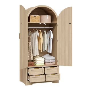 Armoire 80x50x179 Cm, 2 Portes Cintrées En Rotin, 4 Tiroirs, Penderie, Mdf, Couleur Bois Clair