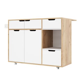 Îlot De Cuisine 120x46-70x85 Cm, Roulettes 360 Degrés, 3 Tiroirs Et 3 Portes, Bois, Blanc+bois