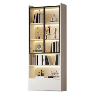Vitrine Haute 80x34x180 Cm, LED, 1 Tiroir, 2 Portes En Verre, 2 Niches, Mdf, Blanc+noir