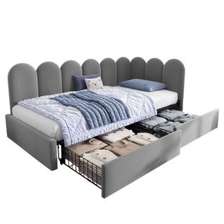 Lit Simple 90x200 Cm, Gain De Place, 2 Tiroirs Et Dossier Confortable, Forme De L, Velours, Gris