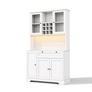 Buffet Haut De Cuisine 105x40x180 Cm, Éclairage LED Multicolore, 5 Portes, Tiroir, Prise, Mdf, Blanc