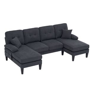 Canapé D'angle En U 250x130x88 Cm, Deux Chaises Longues, Avec Ports USB, Tissu Lin, Gris Foncé