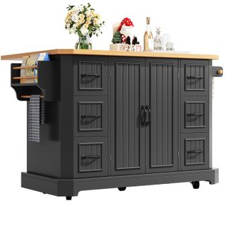 Îlot De Cuisine Sur Roulettes 120x45x91 Cm, 6 Tiroirs Et 2 Portes, Mdf Métal, Noir