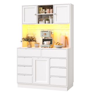 Buffet De Cuisine 120x40x183,5 Cm, LED Connectée, 8 Tiroirs, 3 Portes, 3 Niches, Mdf, Métal, Blanc
