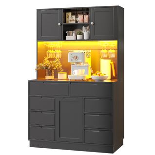 Buffet De Cuisine 120x40x183,5 Cm, Plan Large Avec LED Connectée, Mdf Et Métal, Noir