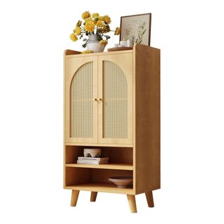 Buffet 60x40x121 Cm, Portes En Rotin, Grand Espace De Rangement, Pb, Coloris Naturel