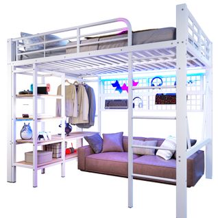 Lit Mezzanine 140x200 Cm, Métal Et Mdf, LED Pilotable, Rangement Filet Et Tringle, Blanc+bois