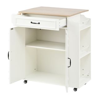 Îlot De Cuisine Sur Roulettes 66x40-60x90 Cm, Plan Rabattable, 1 Tiroir, 2 Portes, Mdf, Blanc+bois