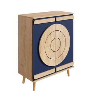 Meuble à Chaussures 76x37x98.5 Cm, 2 Portes Géométriques, Panneaux De Particules, Bleu+bois