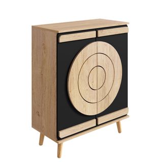 Meuble à Chaussures 76x37x98.5 Cm, 2 Portes Géométriques, Pb, Couleur Noir+bois