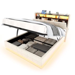 Lit Coffre 140x190 Cm, Tête De Lit Avec Rangements Et LED, Ports USB Et Type C, Velours Beige