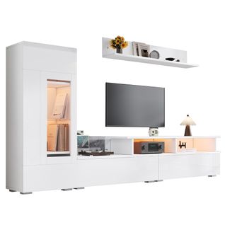 Ensemble Meuble TV 3 Pièces 170 Cm, Vitrine Et Étagère, LED Pilotable, Panneaux De Particules, Blanc