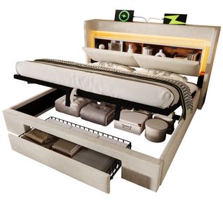 Lit Coffre 160x200 Cm, Tête De Lit Avec Rangement, Éclairage LED Et Ports USB Et USB-c, Lin, Beige
