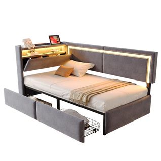 Lit Simple 90x200 Cm, Tête De Lit Avec Rangement, 2 Tiroirs LED, Ports USB, Velours, Gris