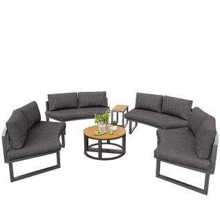 Salon De Jardin Modulable 8 Places, 4 Canapés 2 Places, Métal, Gris, Coussins Amovibles Lavables