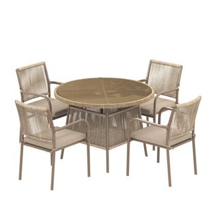 Ensemble Table Ronde Et 4 Chaise, 5 Pièces 110x110x74+61.5x55.5x84 Cm, Verre Trempé, Fer, Gris