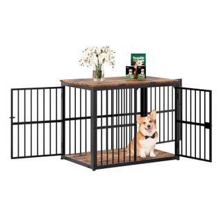 Cage Pour Chien 84x56x66 Cm, 3 Portes Modulable, Fer Et Panneaux De Particules, Noir Brun