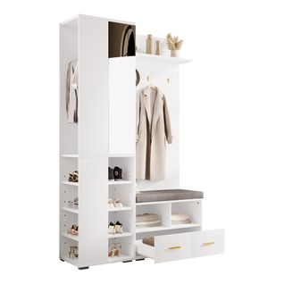 Ensemble Vestiaire Entrée 120x35x190 Cm, Miroir Et Banc, Panneaux De Particules, Couleur Blanc