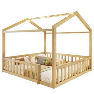 Lit Cabane Enfant 90x190 Cm, Lit Double 180x190 Cm, Barrière De Sécurité, Bois, Couleur Bois