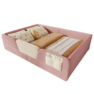 Lit Enfant 140x190 Cm, Barrières Amovibles, Velours Et Mdf, Rangement, Couleur Rose
