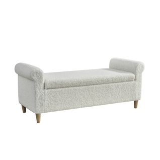 Banc De Lit Avec Rangement 127x51x52 Cm, Assise D Appoint, Bois, Tissu Texturé Blanc, Pieds Bois