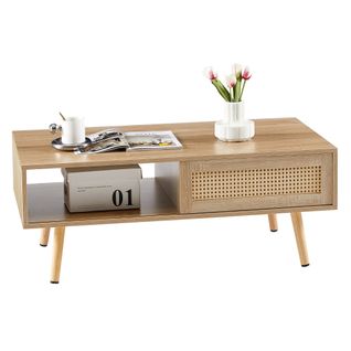 Table Basse 105x55x41.5 Cm, 1 Porte Coulissante, Mdf Avec Rotin, Bois Naturel, Couleur Bois